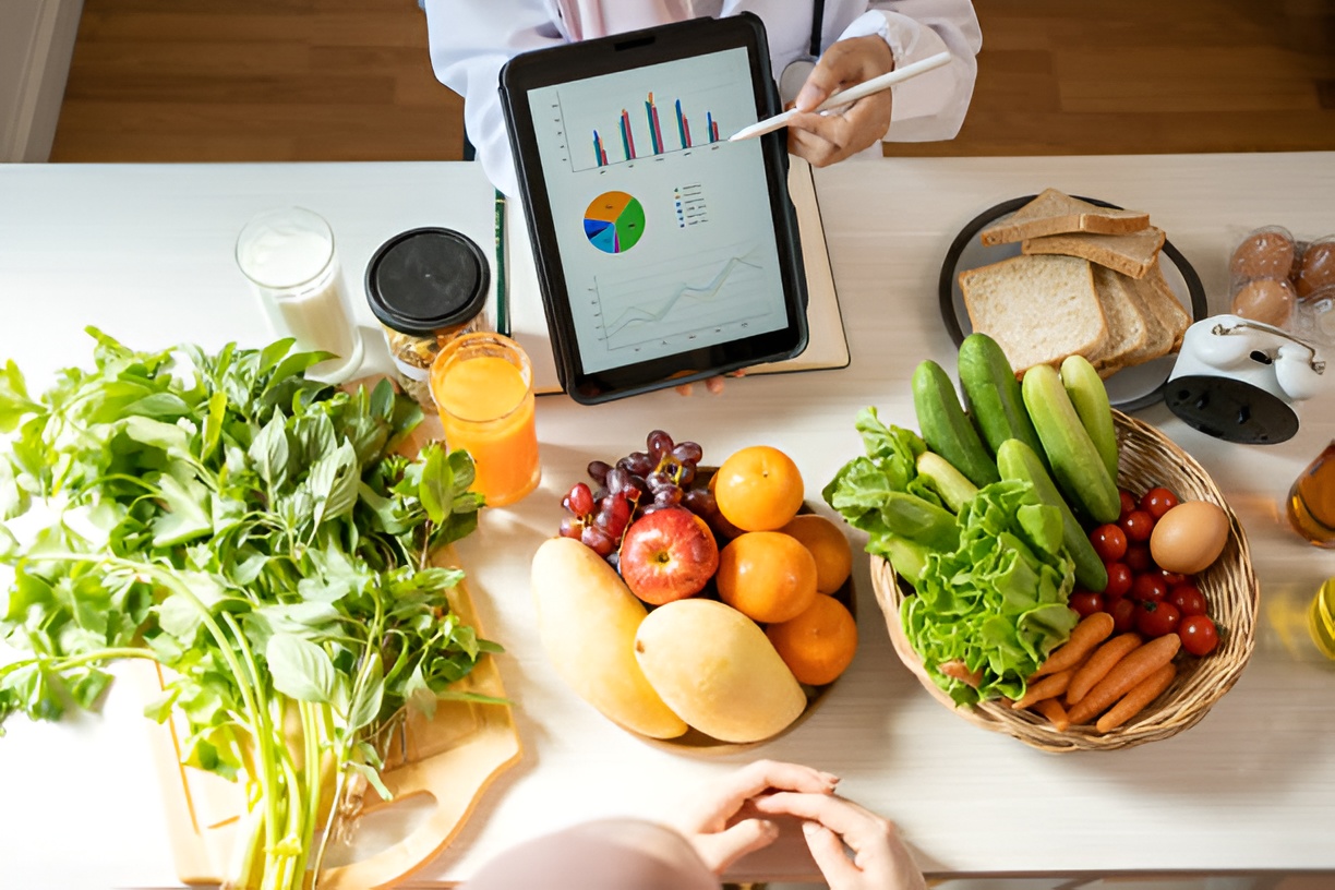 Doctor discussing a diabetes daily meal plan with a patient, surrounded by fresh fruits, vegetables, and healthy foods